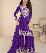 Violet chinon silk embroidered Palazzo suit