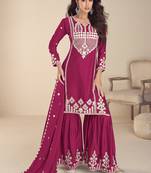 Rani pink chinon silk embroidered Palazzo suit