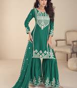 Bottel green chinon silk embroidered Palazzo suit