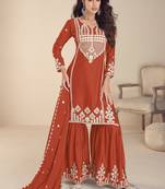 Orange chinon silk embroidered Palazzo suit