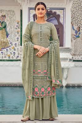 Dusty green zari embroidery and diamond georgette straight palazzo - full stitched 2