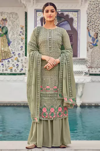Dusty green zari embroidery and diamond georgette straight palazzo - full stitched