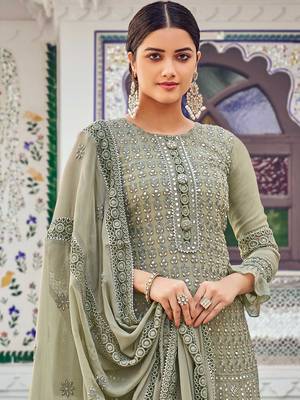 Dusty green zari embroidery and diamond georgette straight palazzo - full stitched 1