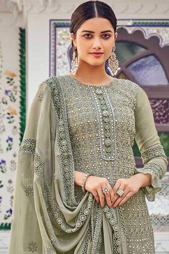 Dusty green zari embroidery and diamond georgette straight palazzo - full stitched