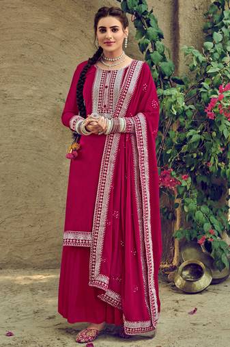 Pink zari embroidery and diamond georgette straight palazzo - full stitched