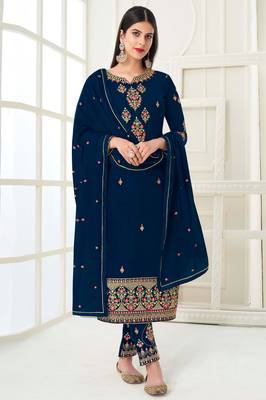 Blue zari embroidery and diamond georgette straight pant - full stitched 1