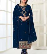 Blue zari embroidery and diamond georgette straight pant - full stitched