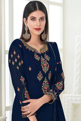 Blue zari embroidery and diamond georgette straight pant - full stitched 2