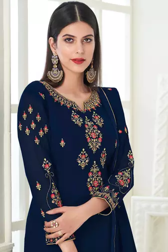 Blue zari embroidery and diamond georgette straight pant - full stitched