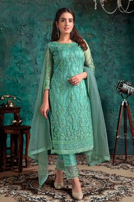 Blue zari embroidery and diamond net straight pant - full stitched 1