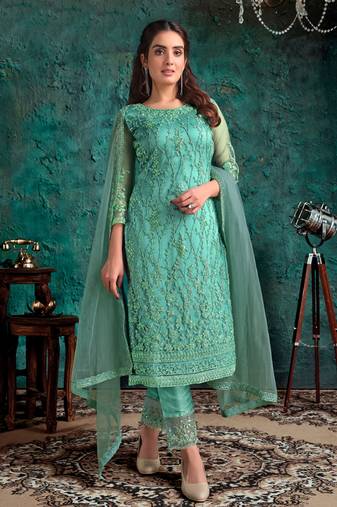 Blue zari embroidery and diamond net straight pant - full stitched