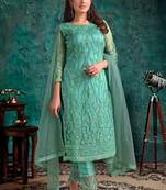 Blue zari embroidery and diamond net straight pant - full stitched