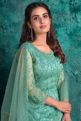Blue zari embroidery and diamond net straight pant - full stitched 2