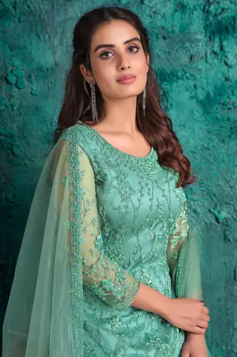 Blue zari embroidery and diamond net straight pant - full stitched
