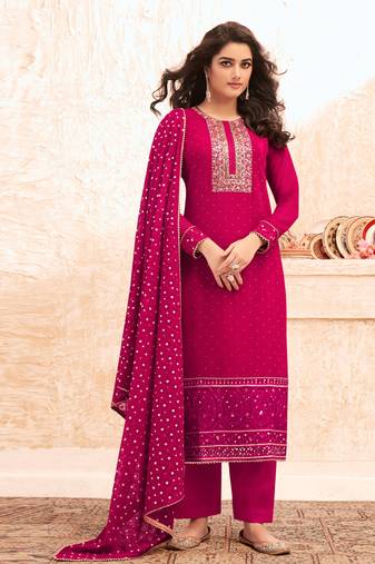 Pink zari embroidery and diamond georgette straight pant - full stitched