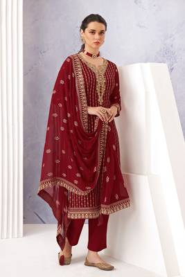 Maroon zari embroidery and diamond georgette straight pant - full stitched 1