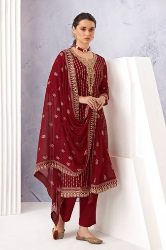Maroon zari embroidery and diamond georgette straight pant - full stitched