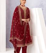Maroon zari embroidery and diamond georgette straight pant - full stitched