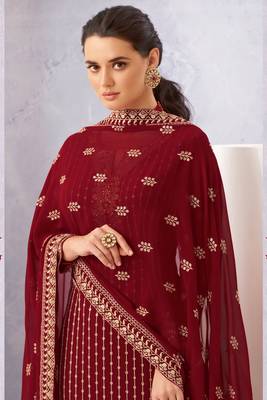 Maroon zari embroidery and diamond georgette straight pant - full stitched 2