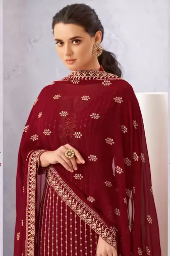 Maroon zari embroidery and diamond georgette straight pant - full stitched