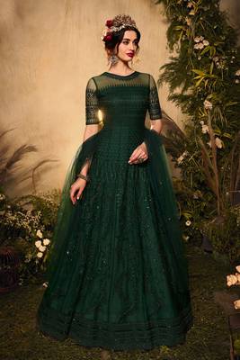 Green zari embroidery and diamond net anarkali churidar - full stitched 1