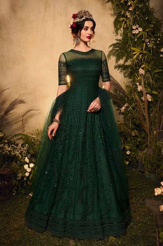 Green zari embroidery and diamond net anarkali churidar - full stitched