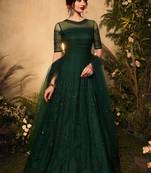 Green zari embroidery and diamond net anarkali churidar - full stitched