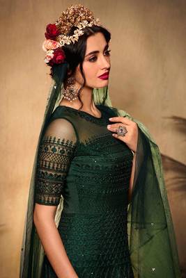 Green zari embroidery and diamond net anarkali churidar - full stitched 2