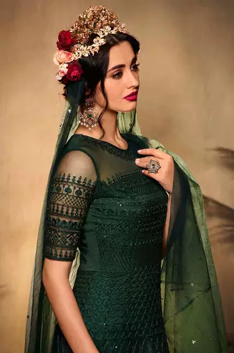 Green zari embroidery and diamond net anarkali churidar - full stitched