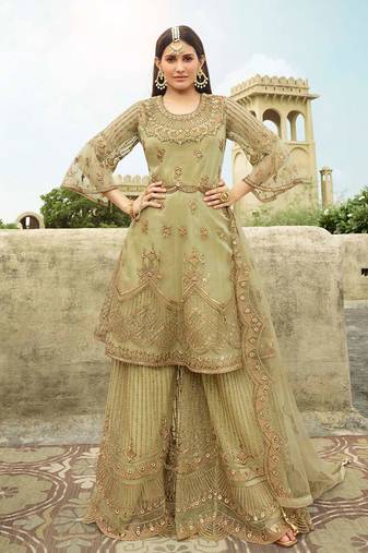 Green stone work, embroidery net anarkali palazzo - full stitched