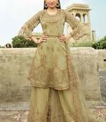 Green stone work embroidery net anarkali palazzo - full stitched