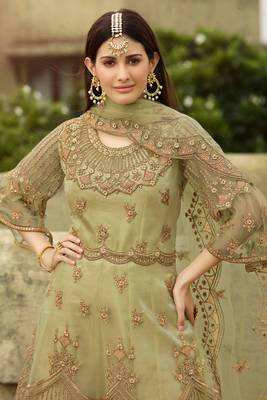 Green stone work embroidery net anarkali palazzo - full stitched 2