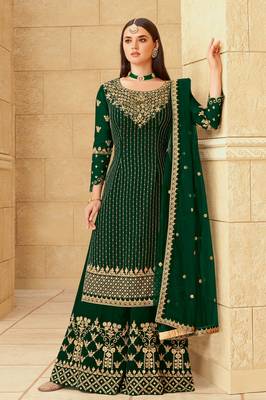 Green stone work embroidery georgette straight palazzo - full stitched 1