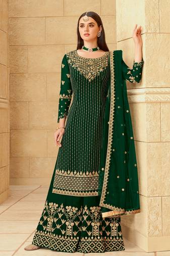 Green stone work, embroidery georgette straight palazzo - full stitched