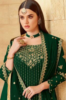 Green stone work embroidery georgette straight palazzo - full stitched 2