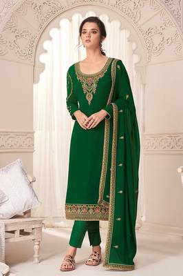 Green zari embroidery and diamond georgette straight pant - full stitched 1