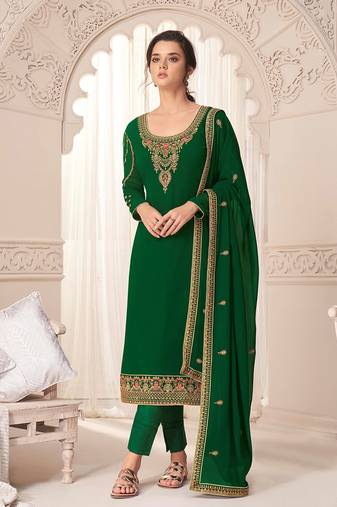 Green zari embroidery and diamond georgette straight pant - full stitched