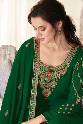 Green zari embroidery and diamond georgette straight pant - full stitched 2