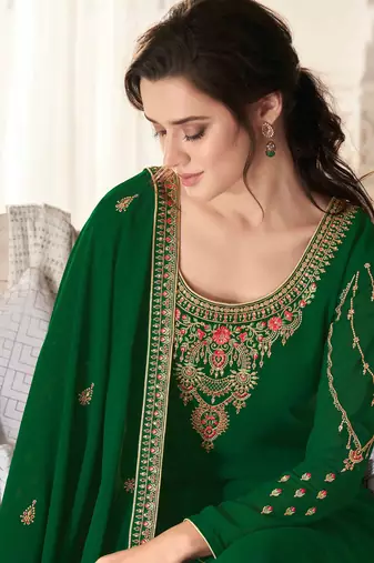 Green zari embroidery and diamond georgette straight pant - full stitched