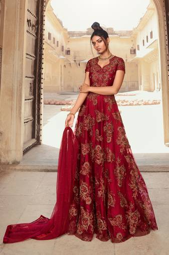 Maroon zari embroidery and diamond net anarkali churidar - full stitched