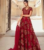 Maroon zari embroidery and diamond net anarkali churidar - full stitched