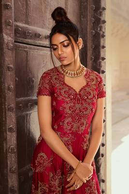 Maroon zari embroidery and diamond net anarkali churidar - full stitched 2