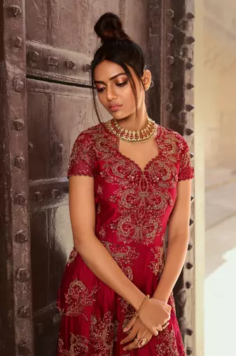 Maroon zari embroidery and diamond net anarkali churidar - full stitched