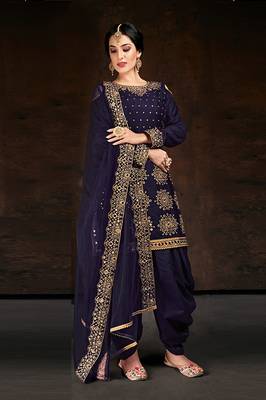 Blue zari embroidery and diamond cotton straight patiyala - full stitched 1