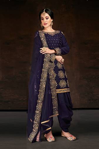 Blue zari embroidery and diamond cotton straight patiyala - full stitched