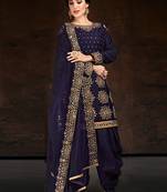 Blue zari embroidery and diamond cotton straight patiyala - full stitched