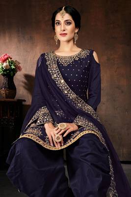 Blue zari embroidery and diamond cotton straight patiyala - full stitched 2