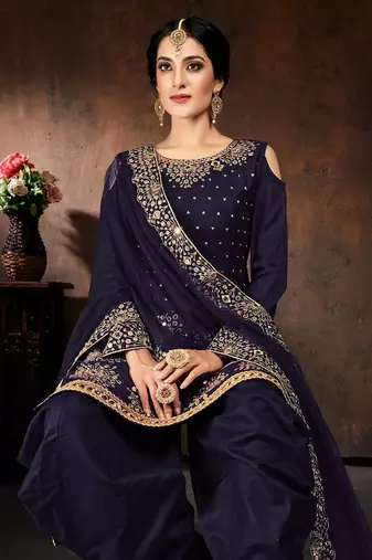 Blue zari embroidery and diamond cotton straight patiyala - full stitched