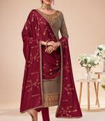 Beige zari embroidery and diamond art silk straight pant - full stitched