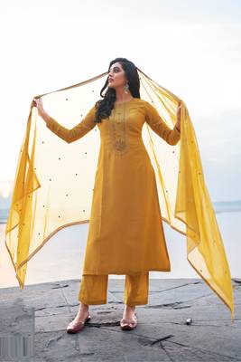 Mustard zari embroidery and diamond cotton silk straight pant - full stitched 1
